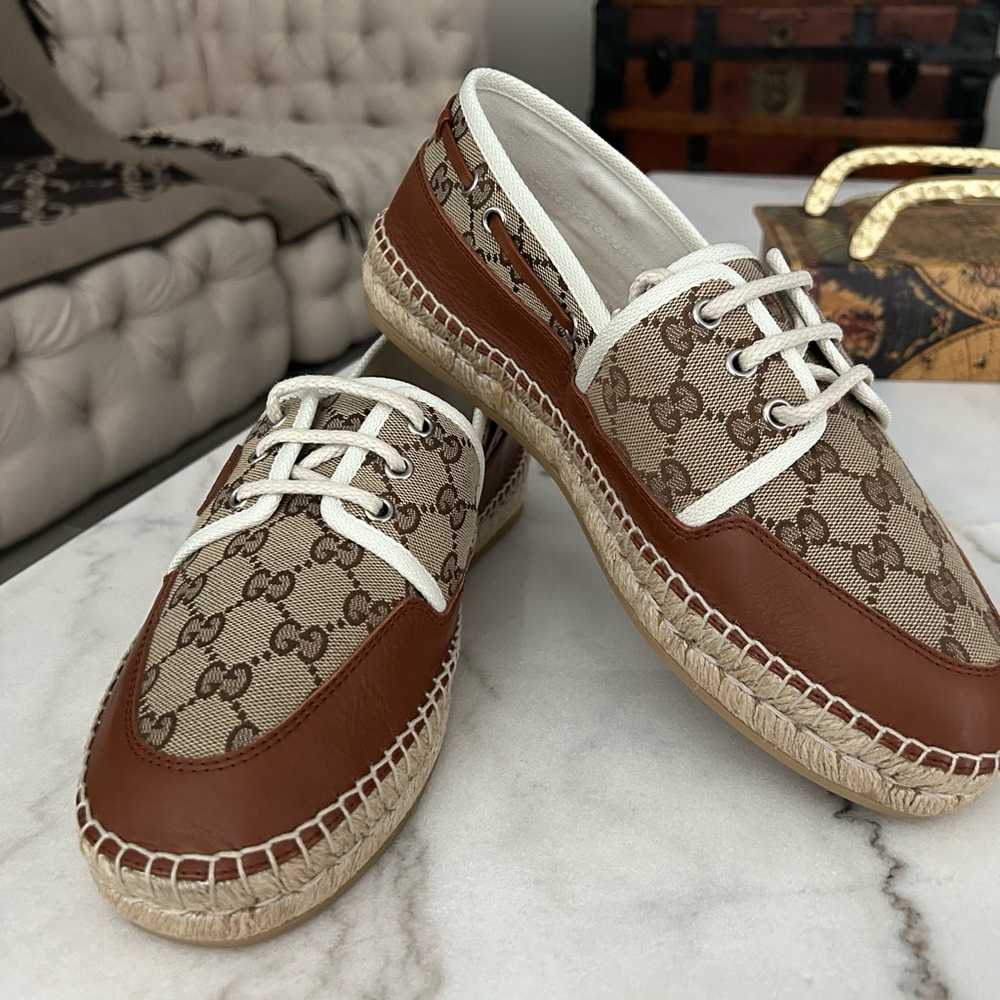 AUTHENTIC GUCCI GG LOAFER ESPADRILLES BEIGE MONOGRAM GG 7 (USA SZ 8) 725799 - Picture 9 of 16
